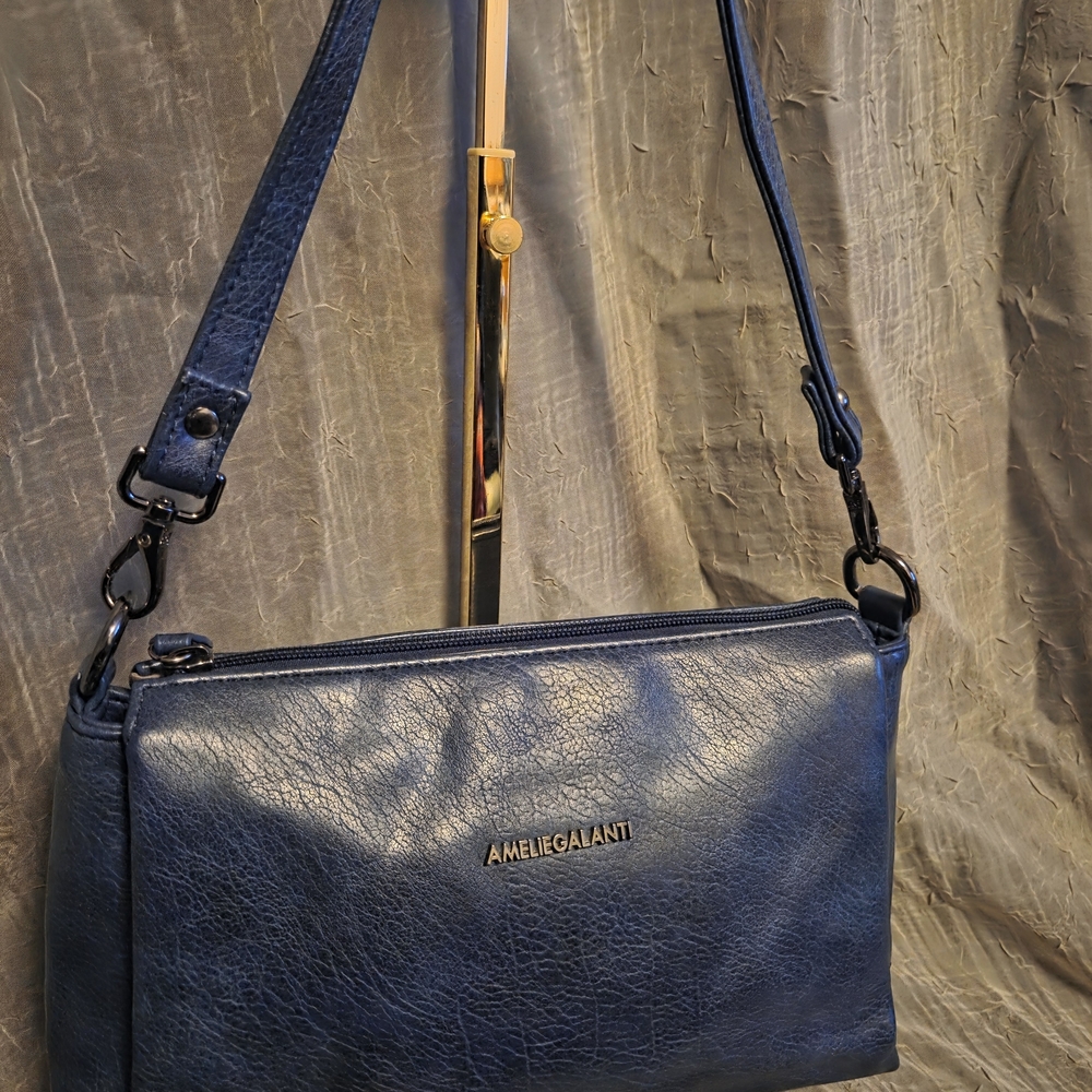 Amelie Galanti Blue Vegan Leather Shoulder Bag | Multi-Compartment Zip Purse